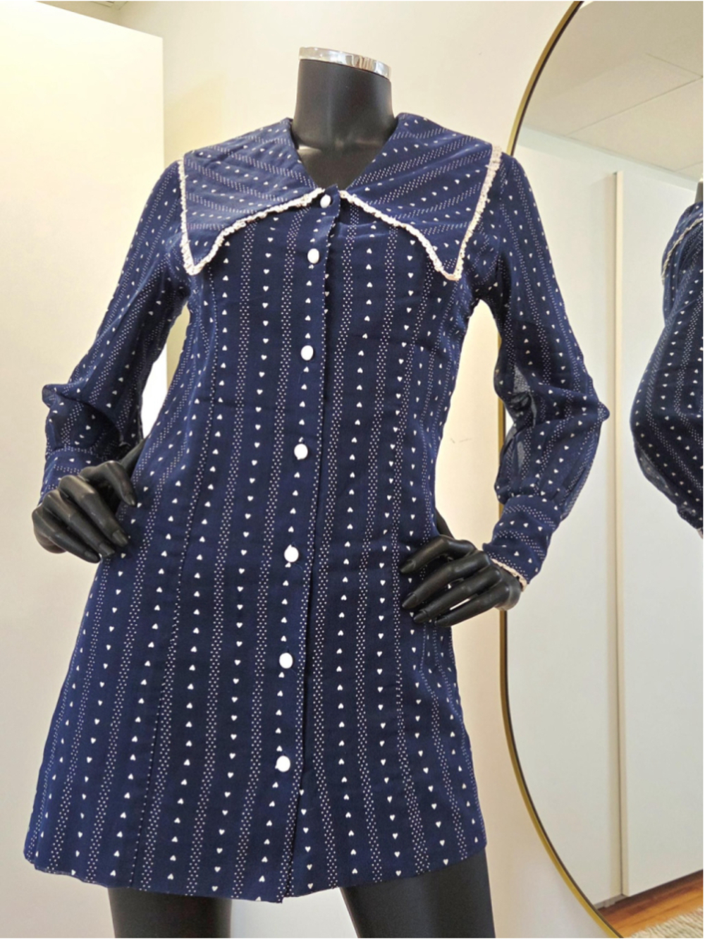 Vintage Mod 60s mini dress, navy white hearts, handmade retro XS–S